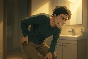 自宅の洗面台で突然ぎっくり腰に襲われ、動けなくなってしまった中年男性の様子をアニメ風に描いたイラスト。江東区・大島駅前サモーナスポーツ整骨院では、ぎっくり腰や急な腰痛に対応した施術を行い、再発予防のための体づくりもサポートしています。