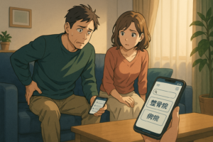 自宅のリビングで腰痛を抱え、整骨院に行くべきか病院に行くべきか迷いながらスマホで検索している中年夫婦。江東区・大島駅前サモーナスポーツ整骨院では、急な腰痛やぎっくり腰に対応し、不安を解消するサポートを行っています。